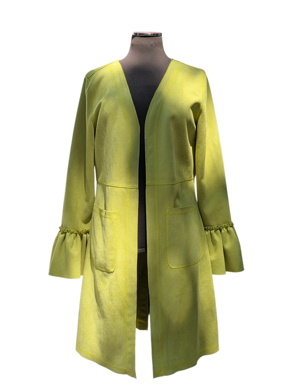Women’s Open Front Lime Green Long Jacket with Ruffle Cuffs